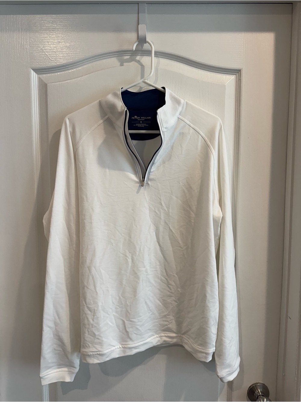 Peter Millar White Quarter-Zip with Navy Collar Trim